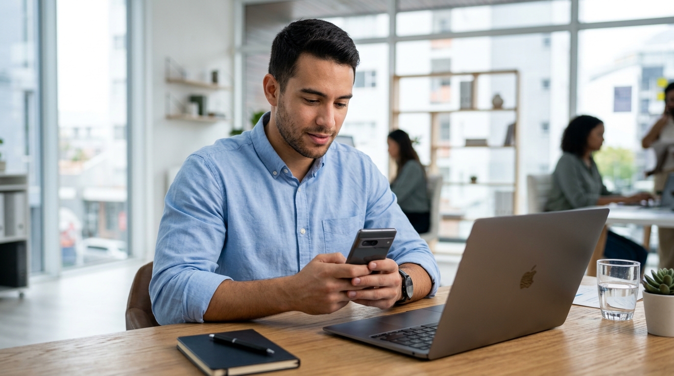 Profissional com celular e laptop